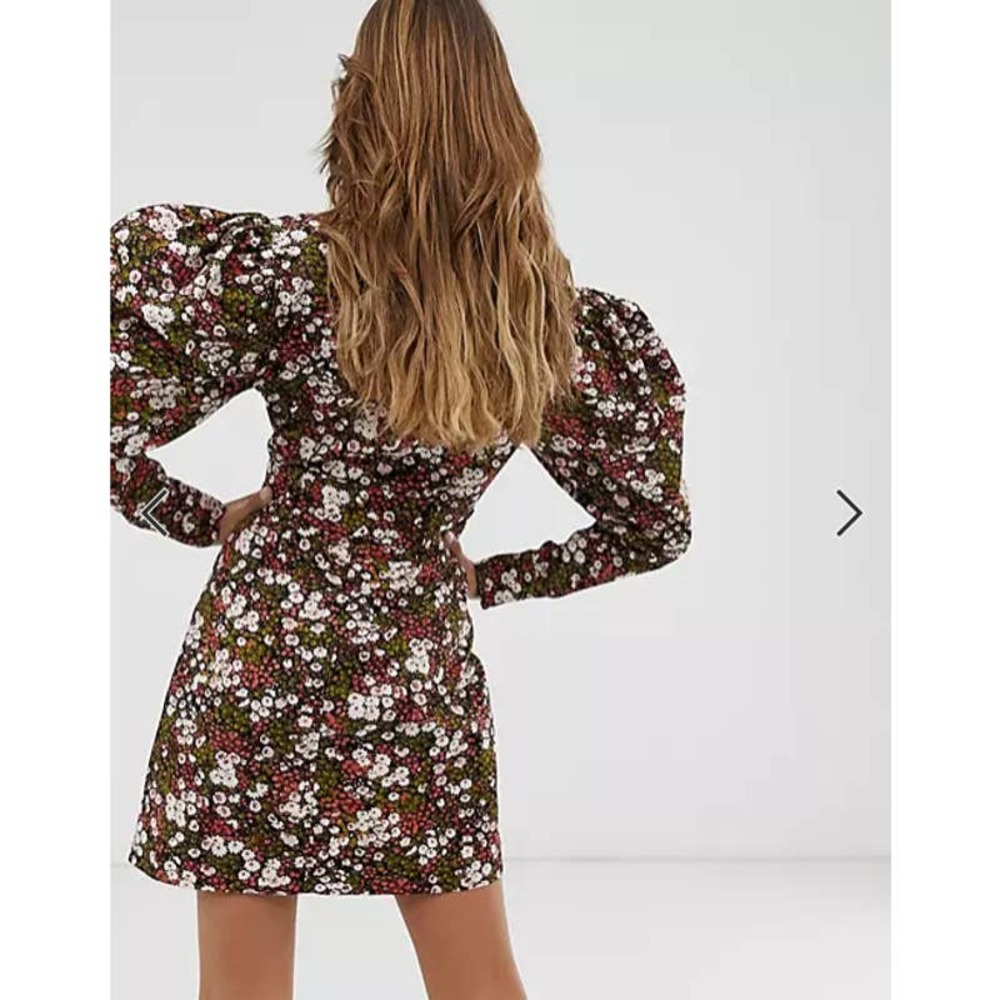 & Other Stories Extra Puff Sleeves Mini Dress Floral Pink Black Size 0 NWT - Picture 2 of 13